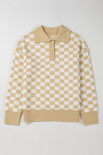 Checkered Collared Neck Long Sleeve Sweater