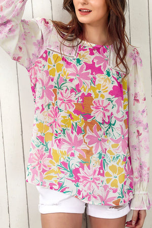 Floral Round Neck Flounce Sleeve Blouse