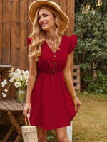 Ruffled V-Neck Cap Sleeve Mini Dress