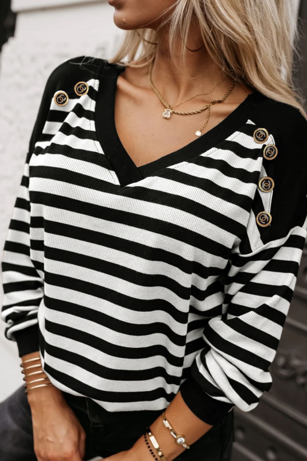 Striped Lace Detail V Neck Top