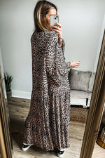 Leopard Notched Long Sleeve Maxi Dress