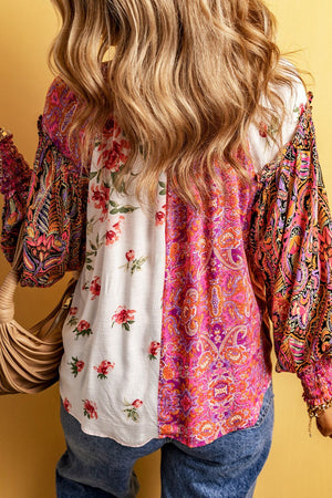 Frill Floral Shirred Cuff Long Sleeve Blouse