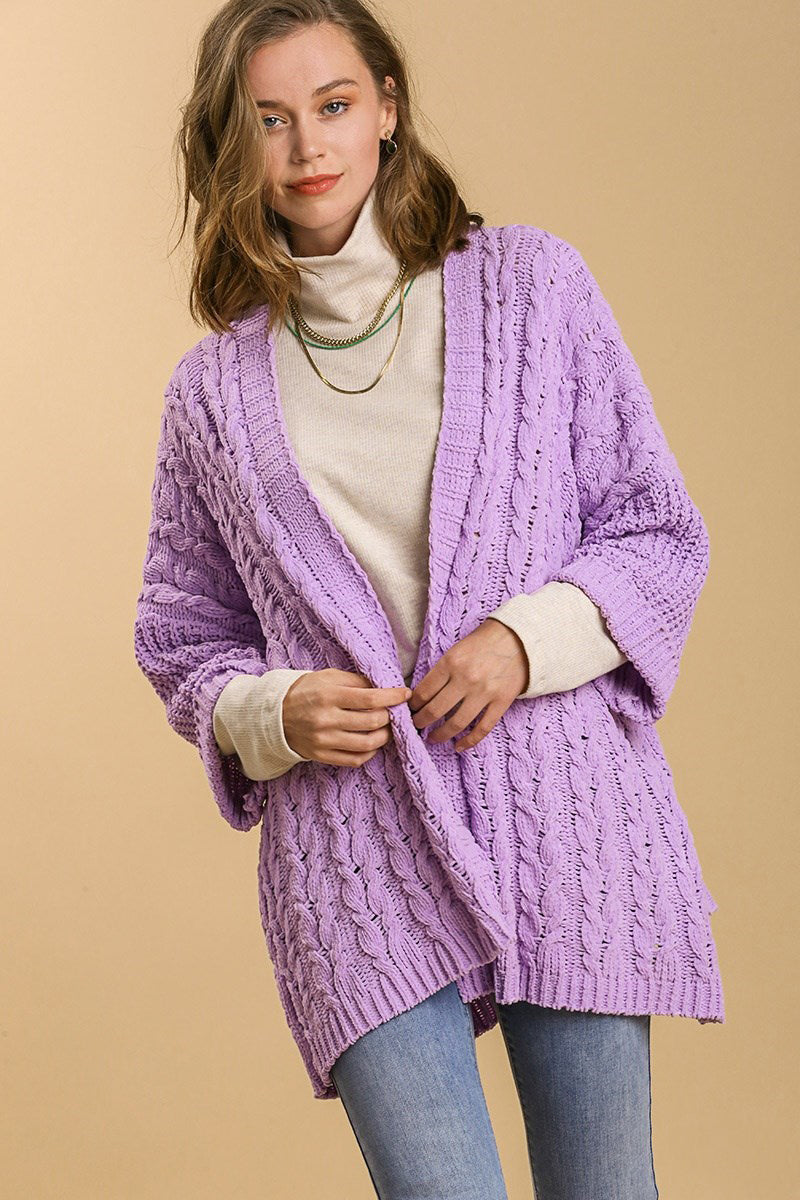 Umgee Full Size Cable Knit Open Front Long Sleeve Cardigan