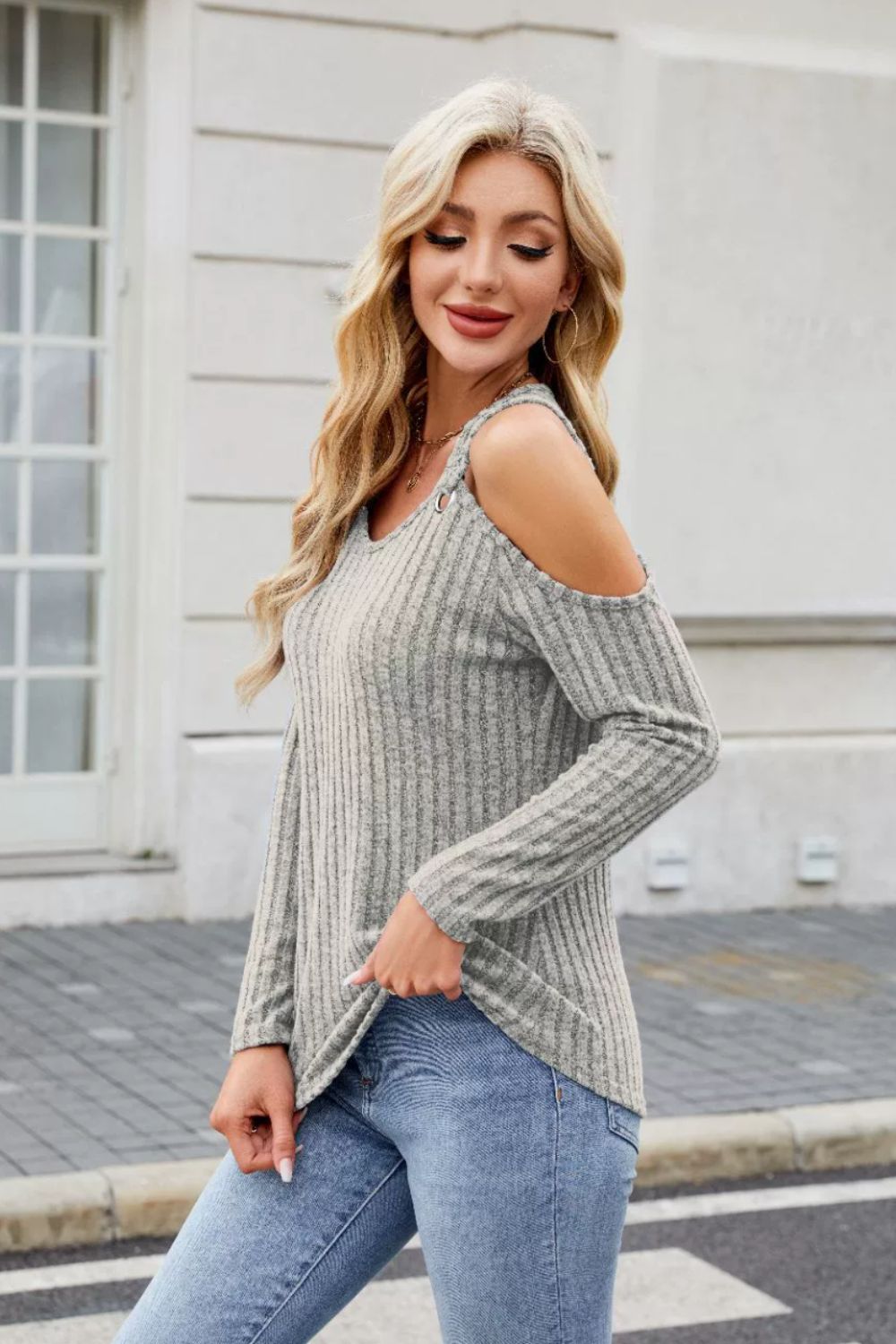 Ribbed Cold Shoulder Long Sleeve Top