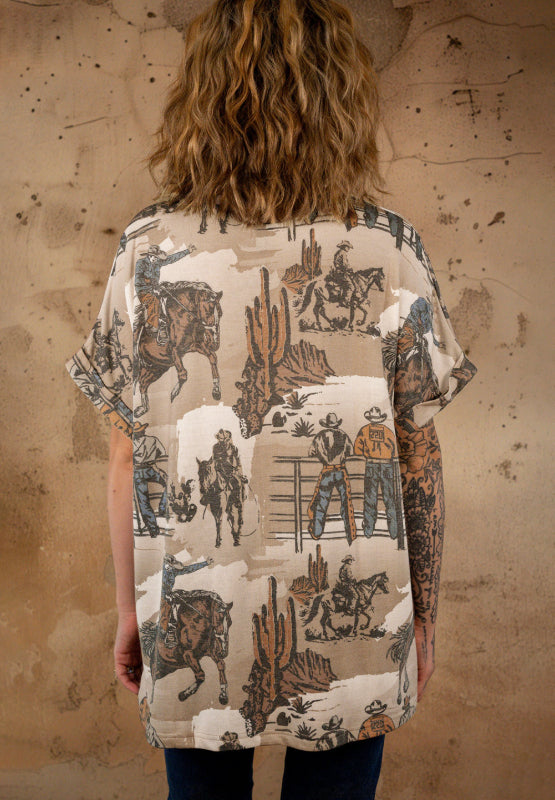 Cowboy Print Round Neck Short Sleeve T Shirt