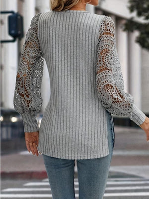 Side Slit V-Neck Lace Long Sleeve T-Shirt