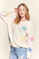 ADORA Stars Pattern Round Neck Drop Shoulder Sweater