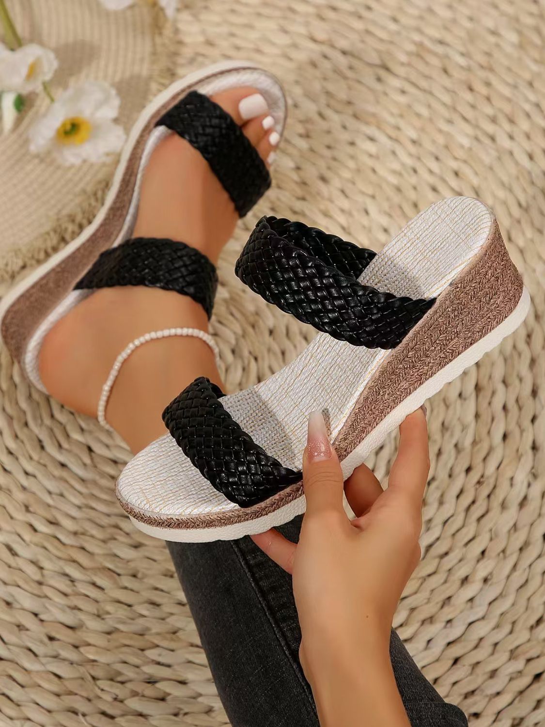 Peep Toe Woven Wedge Sandals