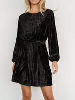 Velvet Round Neck Tie Waist Long Sleeve Mini Dress