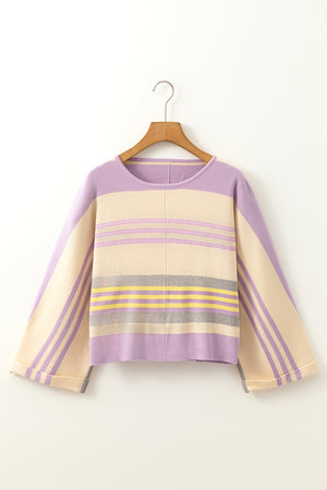 Contrast Striped Round Neck Three-Quarter Sleeve Top