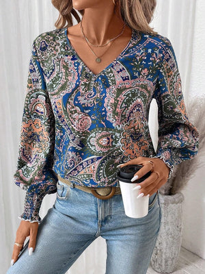 Printed V-Neck Lantern Sleeve Top