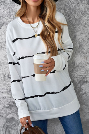 Slit Contrast Striped Round Neck Long Sleeve T-Shirt