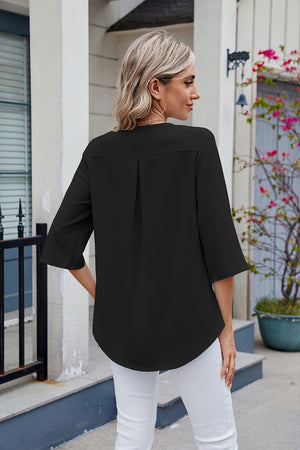 Ruffled V-Neck Three-Quarter Sleeve Blouse