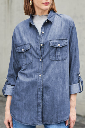 Pocketed Collared Neck Long Sleeve Denim Top