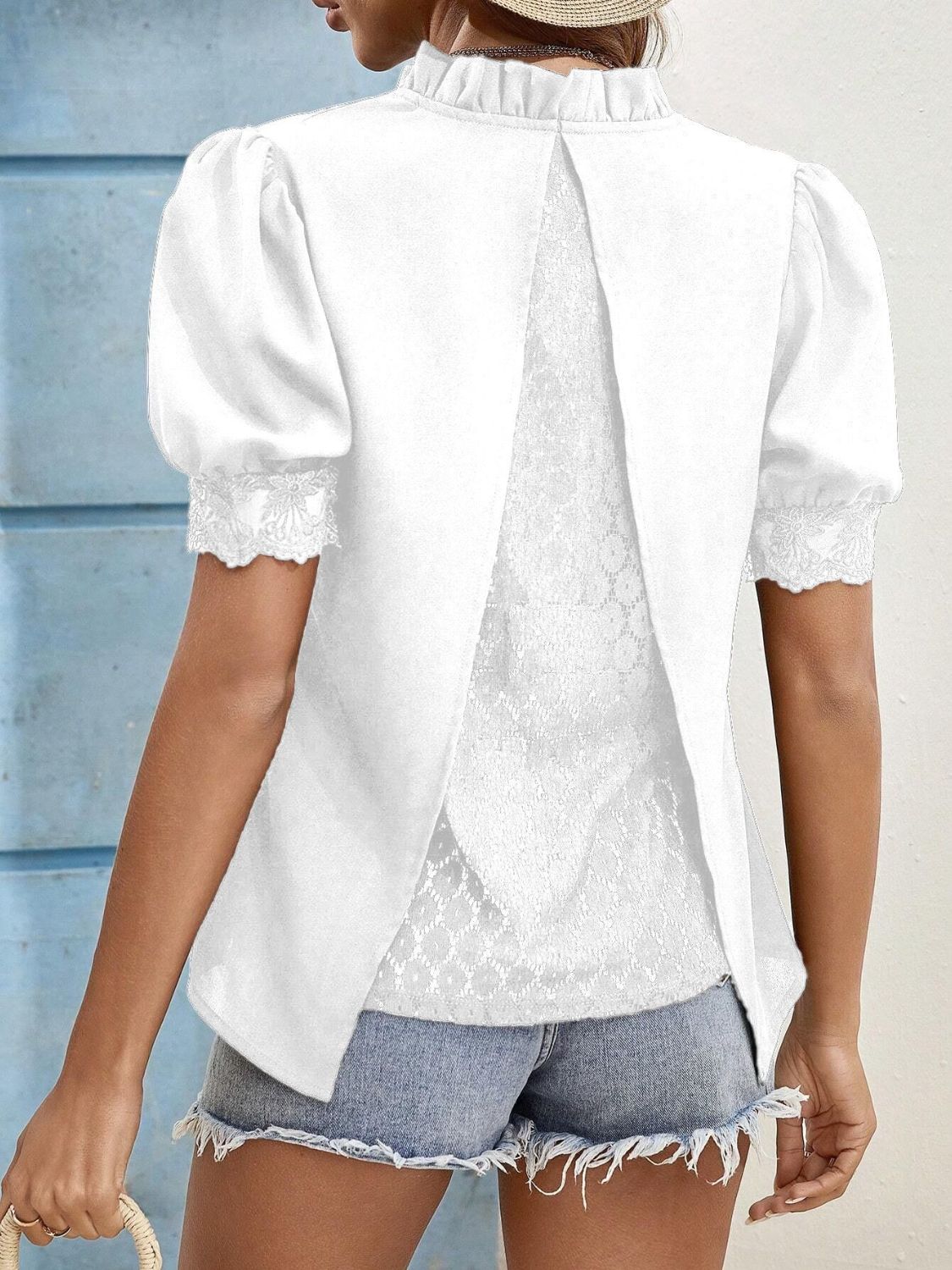 Lace Detail Notched Short Sleeve Top