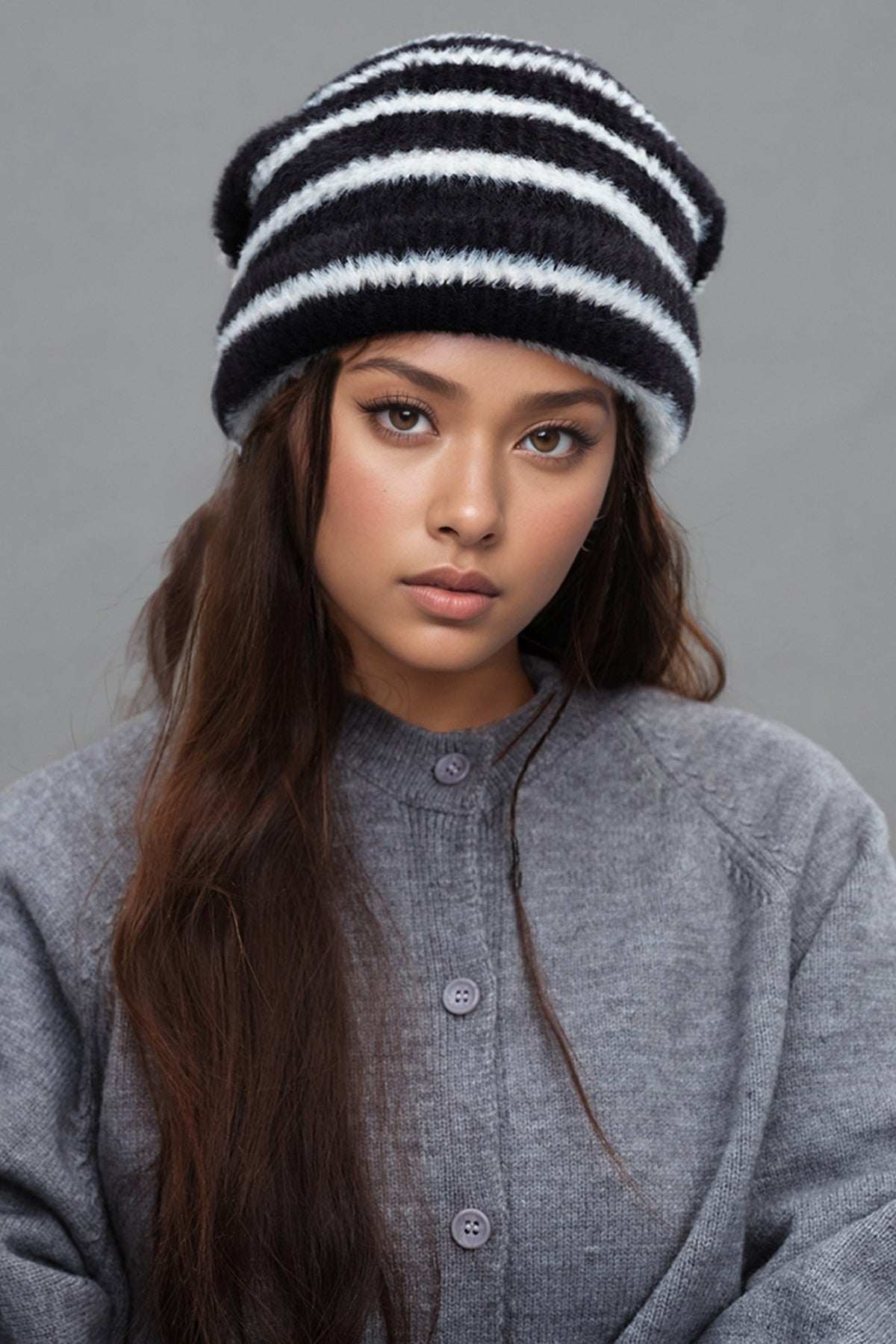 Fuzzy Contrast Striped Thermal Hat