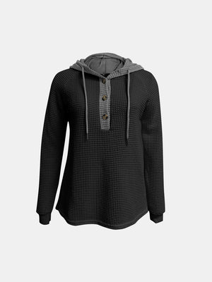 Full Size Waffle-Knit Contrast Long Sleeve Hoodie