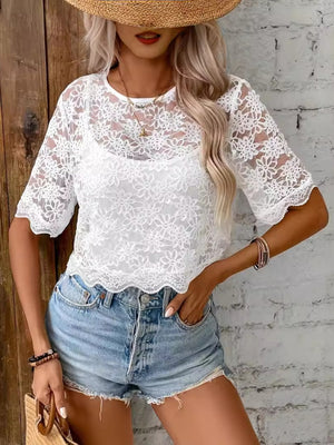 Flower Texture Round Neck Short Sleeve Top