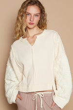 POL Waffle-Knit Notched Long Sleeve Knit Top