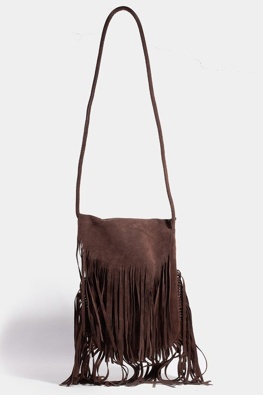 Fame Faux Suede Fringe Rectangle Crossbody Bag