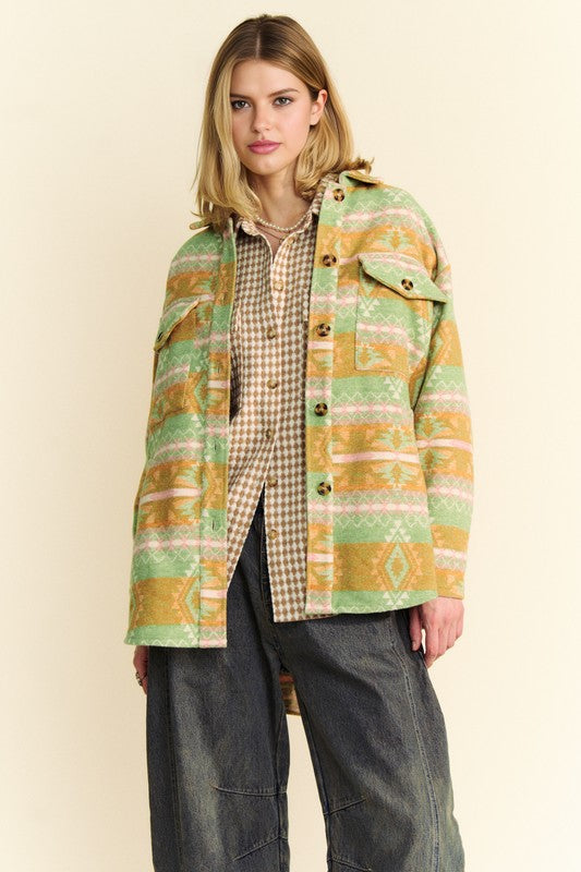 Davi & Dani High-Low Geometric Long Sleeve Shacket with Pockets