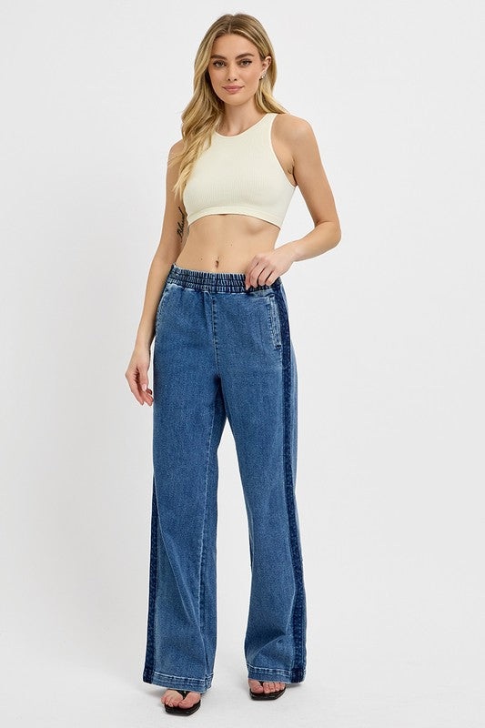 RISEN Full Size Elastic Waist Wide Leg Jeans Plus Size