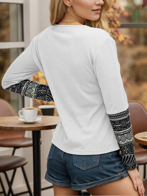 Geometric Waffle-Knit Buttoned Round Neck T-Shirt