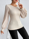 Pleated Puff Sleeve Round Neck Blouse