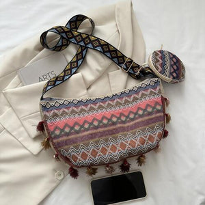 Printed Tassel Detail Crossbody Bag with Small Purse
