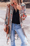 Printed Open Front Collared Neck Cardigan