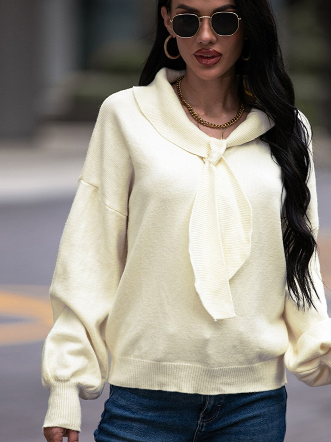 Tie Neck Dropped Shoulder Sweater