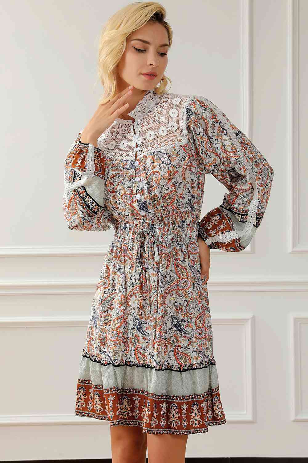Printed Lace Detail Balloon Sleeve Dress
