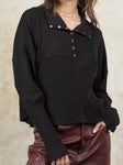 Ribbed Knit Henry Collar Loose Fitting Long Sleeve Top