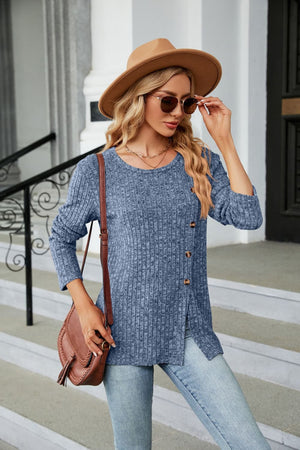 Buttoned Long Sleeve Slit Top