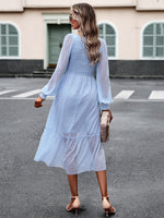 Swiss Dot V-Neck Flounce Sleeve Midi Dress