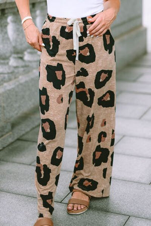 Leopard Drawstring Wide Leg Pants with Pockets