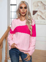 Color Block Cable-Knit Round Neck Sweater