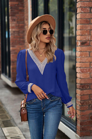 V-Neck Lace Detail Long Sleeve Top