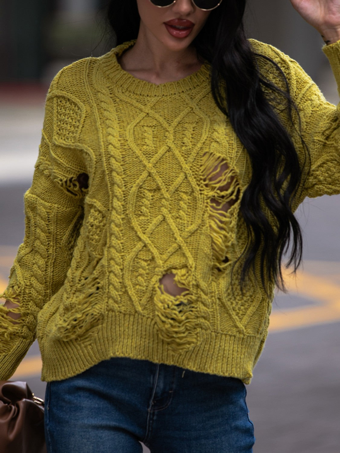 Distressed Cable-Knit Sweater