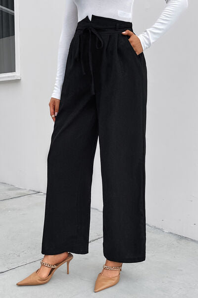 High Waist Ruched Tie Front Wide Leg Pants