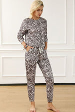 Leopard Round Neck Top and Drawstring Pants Lounge Set