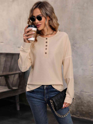 Round Neck Buttoned Slit Long Sleeve Top