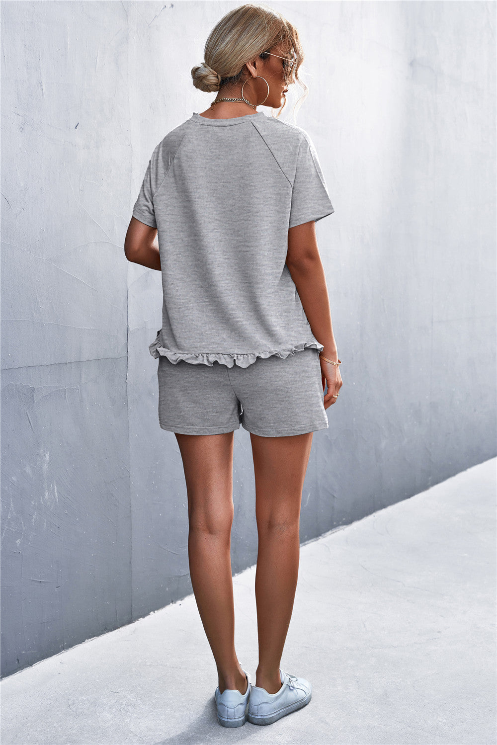Raglan Sleeve Ruffle Hem Top and Shorts Set with Pockets