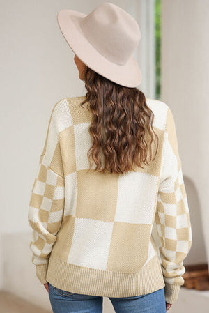 Plaid Round Neck Dropped Shoulder Sweater