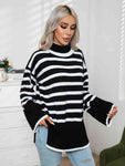 Striped Slit Turtleneck Drop Shoulder Sweater