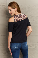 Leopard Print Round Neck Cold Shoulder Blouse