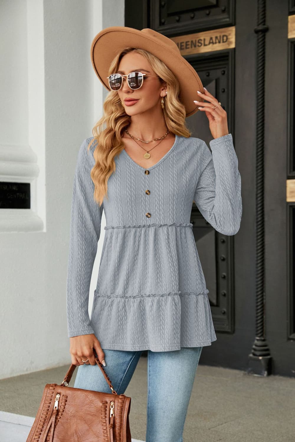 Long Sleeve V-Neck Cable-Knit Blouse