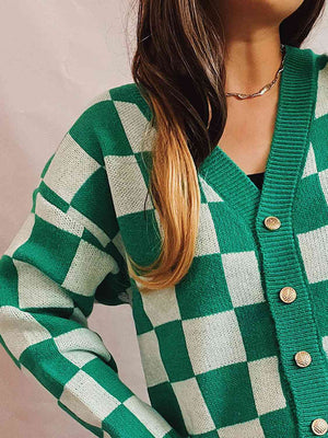 Checkered Open Front Button Up Cardigan