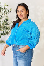 Zenana Full Size Washed Raw Trim Button Down Shirt
