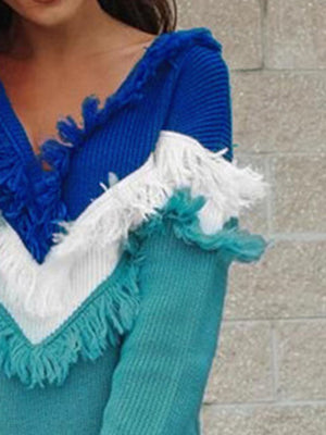 Color Block Fringed V-Neck Sweater